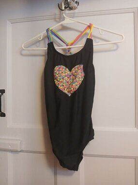 Xhiliration Girls M/M 7-8 Rainbow Heart Black Bathing Suit Swim Suit